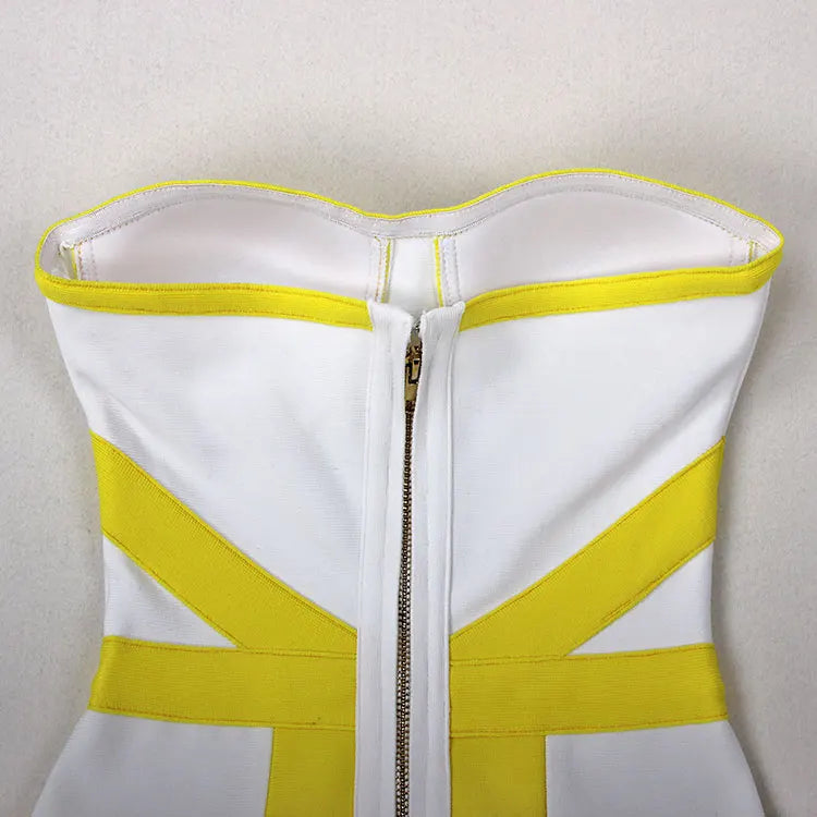 Sexy Women'S Yellow Striped Patchwork White Bandage Dress Strapless Sleeveless Backless Bodycon Mini Dresses Party Vestidos