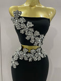 Sexy Strapless Flower Diamonds Black Maxi Long Bandage Two Piece Set Women Knitted Elegant Evening Club Party Prom Gowns