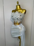 Sparkly Silver Sequins Sexy Strapless Short Dress 2Pcs Set Newest Women Party Birthday Nightclub Singer Dancer Stage Wear
