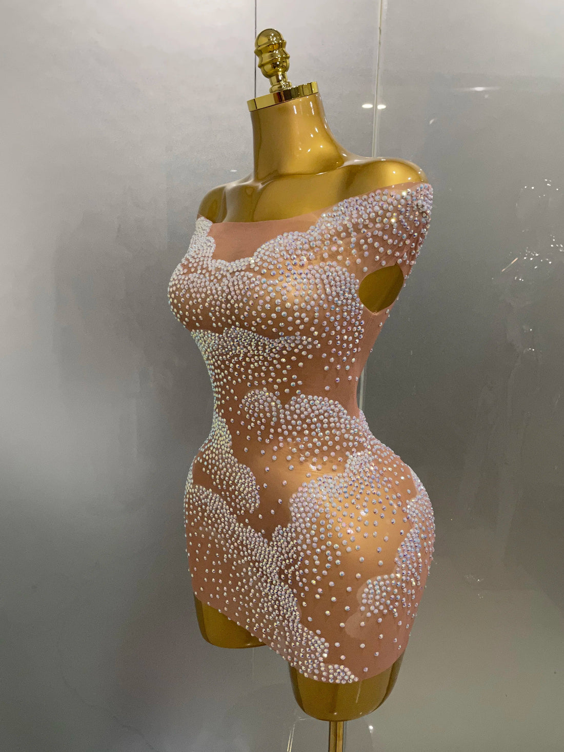 Sexy Sparkle Rhinestone Transparent Stretch Mini Dress Women Evening Birthday Party Club Stage Performance Costume Khaki