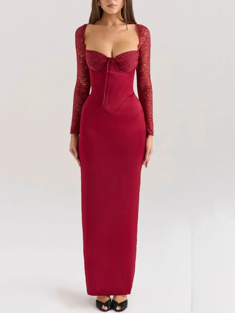 Sexy Women Christmas Dress Strapless Lace Up Long Sleeved Bodycon Back Drawstring Design Long Dress Cocktail Party Vestidos Claret