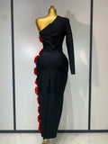 Women Luxury Black Single Sleeve Bandage Dress Red Appliquies Elegant Luxury Rhinestones Birthday Celebrity Evening Party Gowns