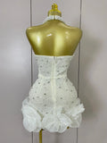 Luxury Shiny Diamonds Pearl Flowers Deep V Halter Short Dress Women Celebrate Eveing Celebrity Birthday Party Dress
