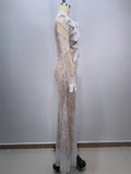 White Sequins Beading One Shoulder White Lace Long Dress Graceful Woman Wedding Party Dress Singer Performance costume
