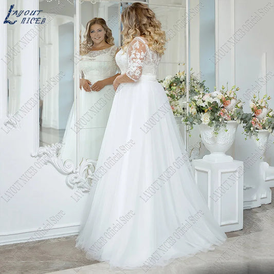 Gaun Perkahwinan Pantai Vintage Plus Saiz Boho Lace Applique Tiga Suku Suku Tulle Bride Gaun Panjang Lantai A-Line