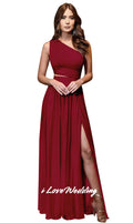 Women One Shoulder Bridesmaid Dress Chiffon Sleeveless A-Line Side Split Pleat Floor-Length Wedding Party Dress Customized Photo Color 3