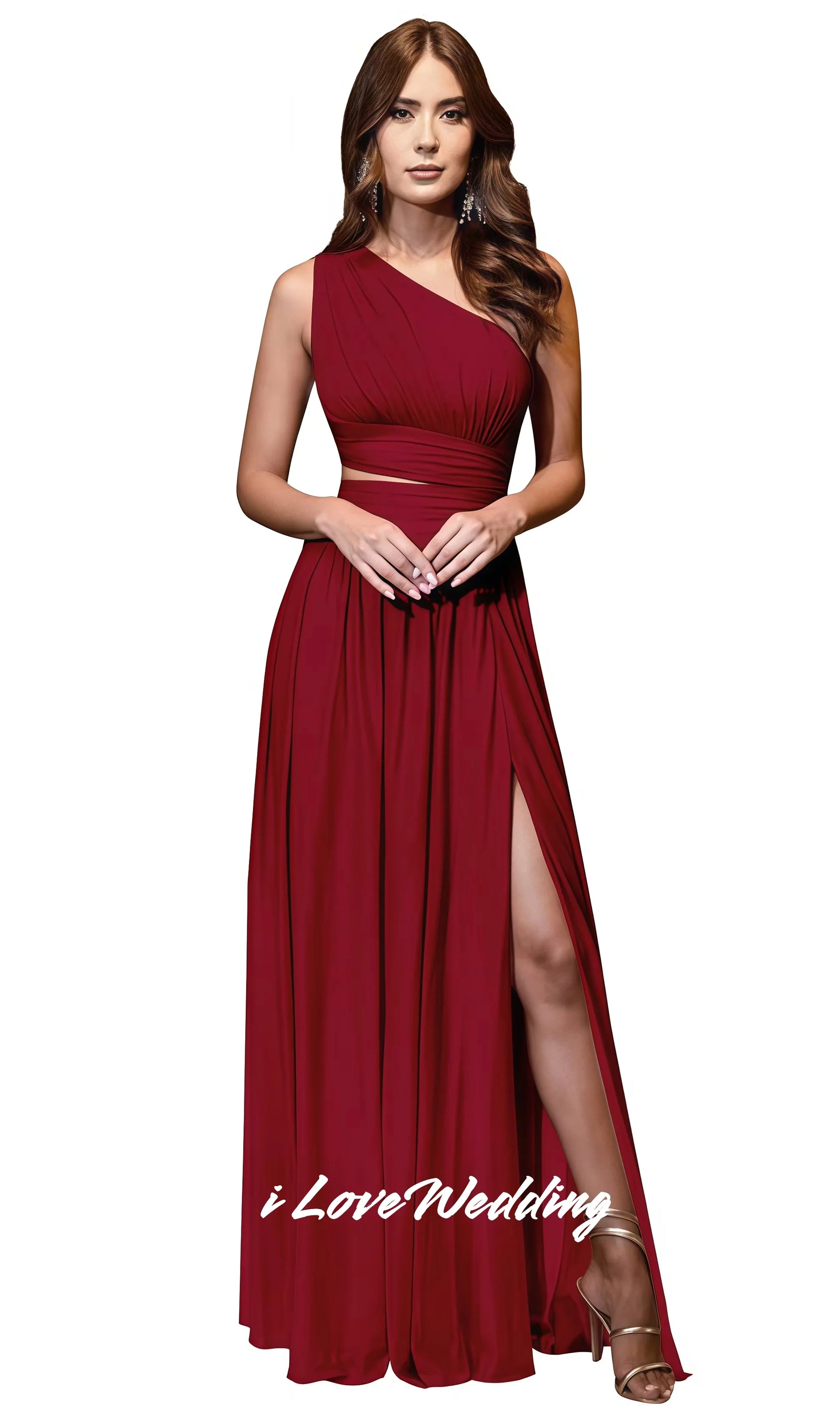 Women One Shoulder Bridesmaid Dress Chiffon Sleeveless A-Line Side Split Pleat Floor-Length Wedding Party Dress Customized Photo Color 3