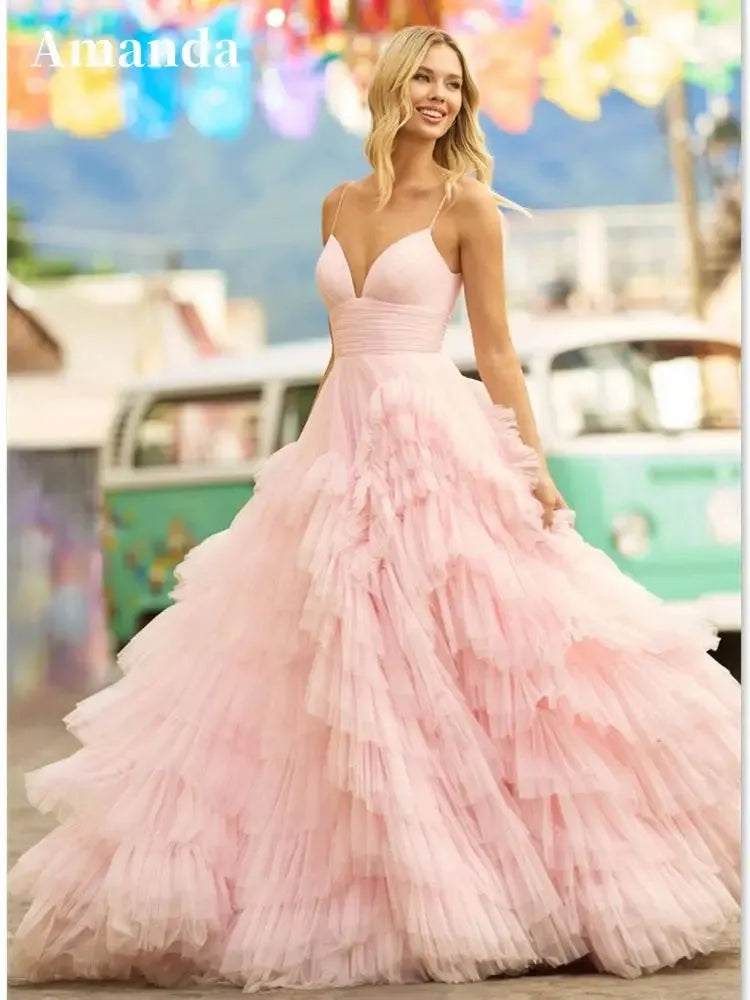 Baby Pink Multilayer Prom Dress Princess Evening Dresses Tulle