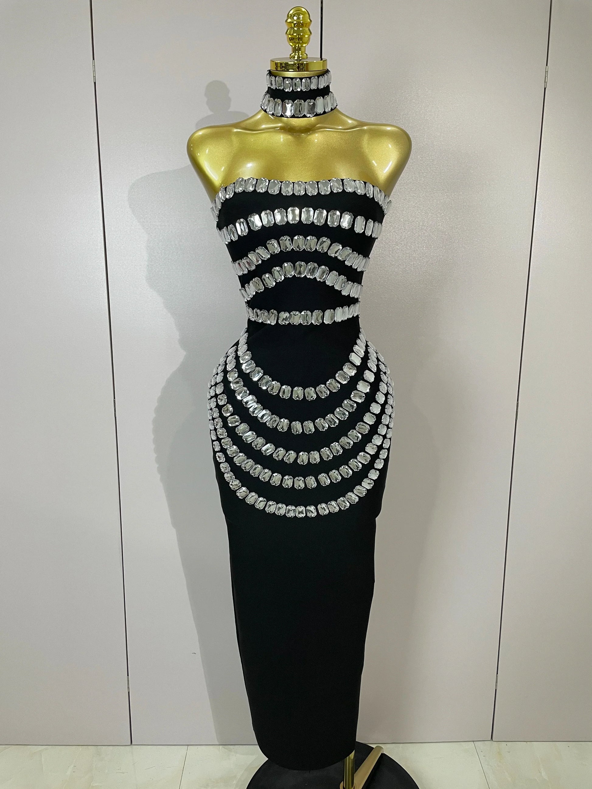 Women Sexy Backless Strapless Black Beading Long Bandage Bodycon Dress Celebrity Elegant Evening Luxury Birthday Dresses black