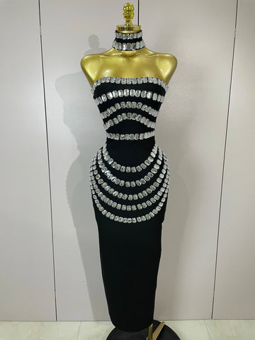Women Sexy Backless Strapless Black Beading Long Bandage Bodycon Dress Celebrity Elegant Evening Luxury Birthday Dresses black