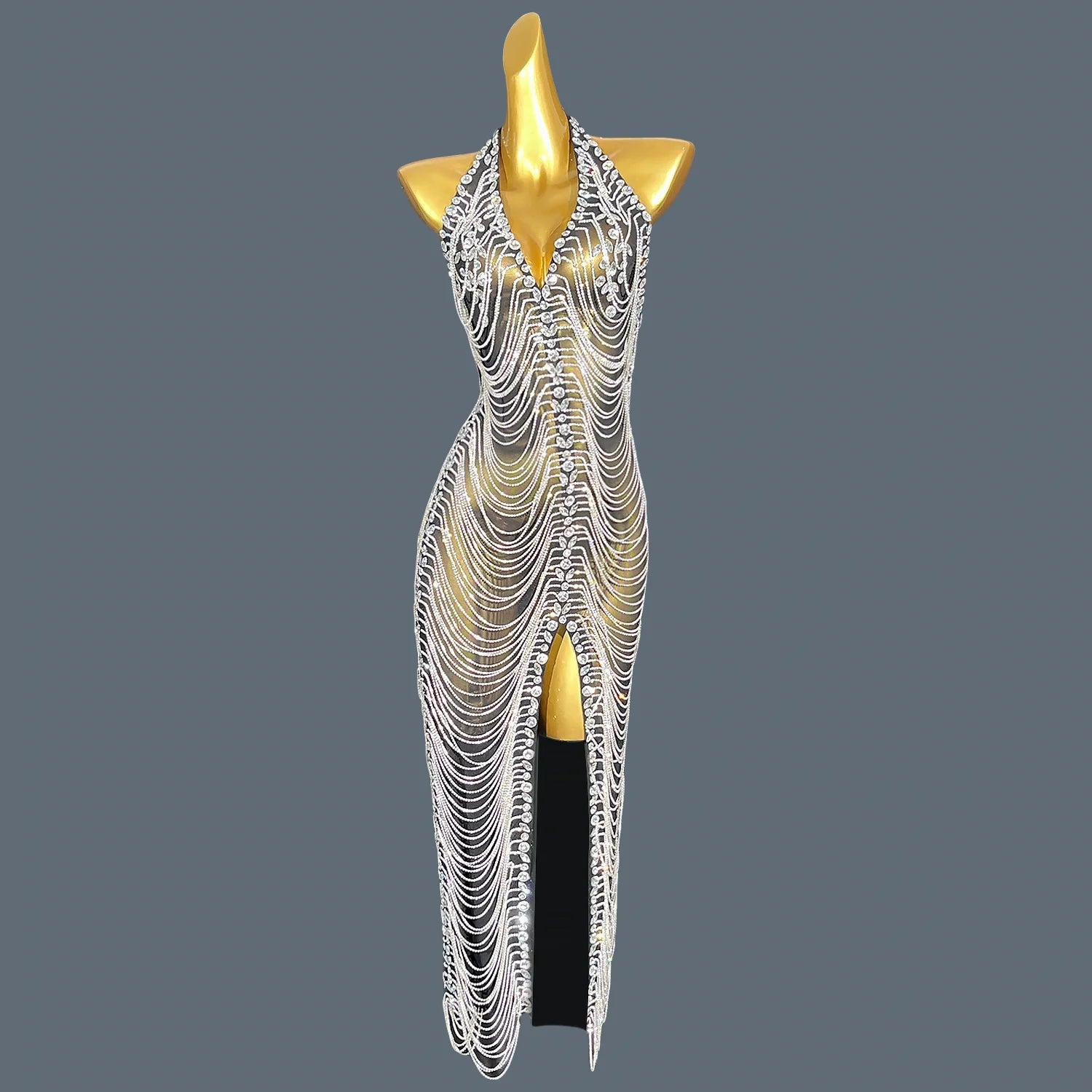 High-end Rhinestones Girls Prom Sheer Mesh Long Dress Sexy See Through Diamond Beaded Chains Birthday Party Cocktail Gown Heiwan Short