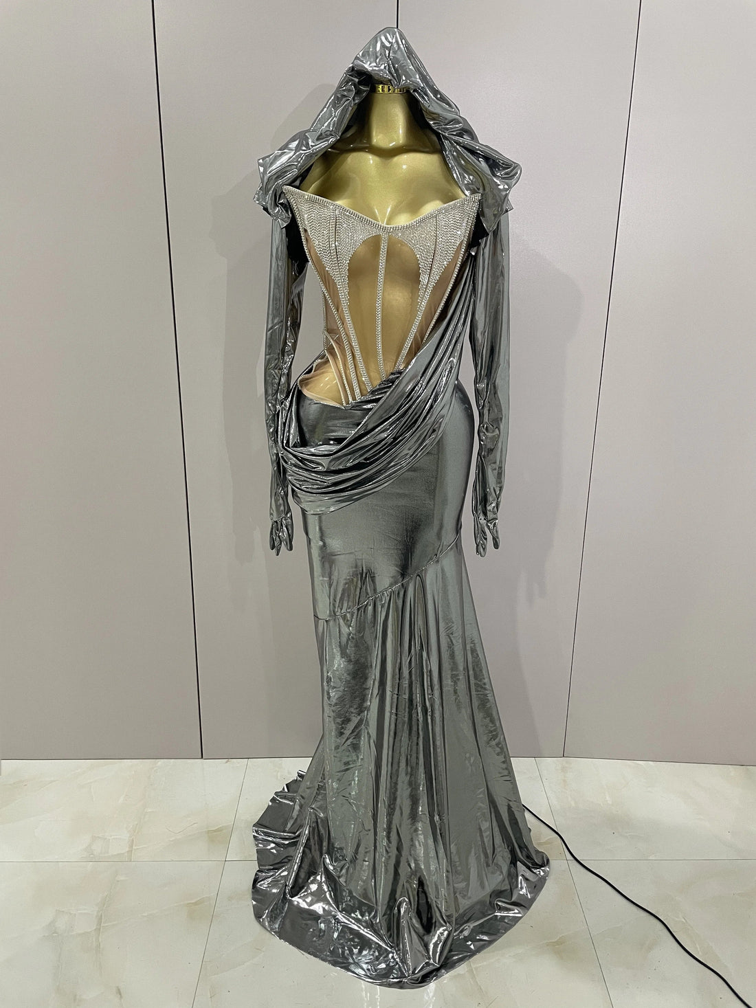 Stage Costume Sparkly Nightclub Gogo Party Dress Women Carnival Party Outfit Festival Cool Clothing Hoodie Dress Two Piece Set Silver