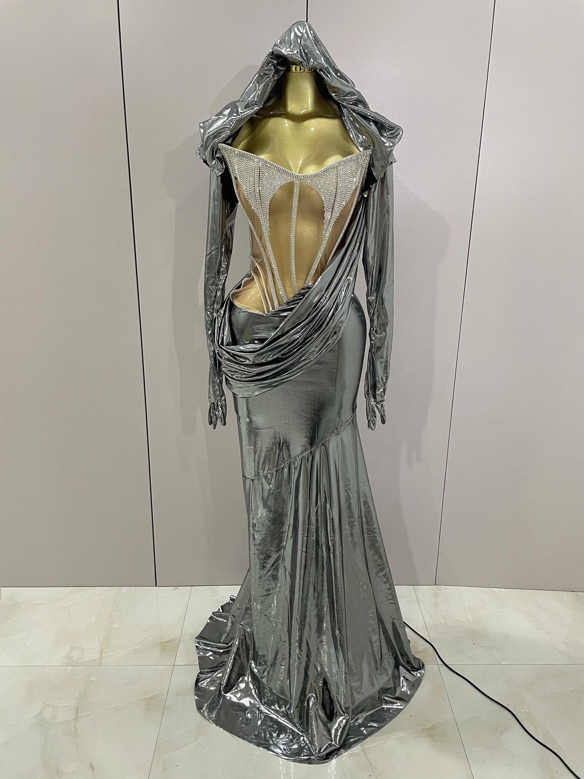 Stage Costume Sparkly Nightclub Gogo Party Dress Women Carnival Party Outfit Festival Cool Clothing Hoodie Dress Two Piece Set Silver