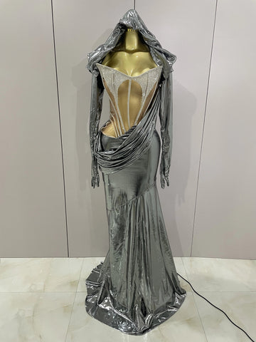 Stage Costume Sparkly Nightclub Gogo Party Dress Women Carnival Party Outfit Festival Cool Clothing Hoodie Dress Two Piece Set Silver