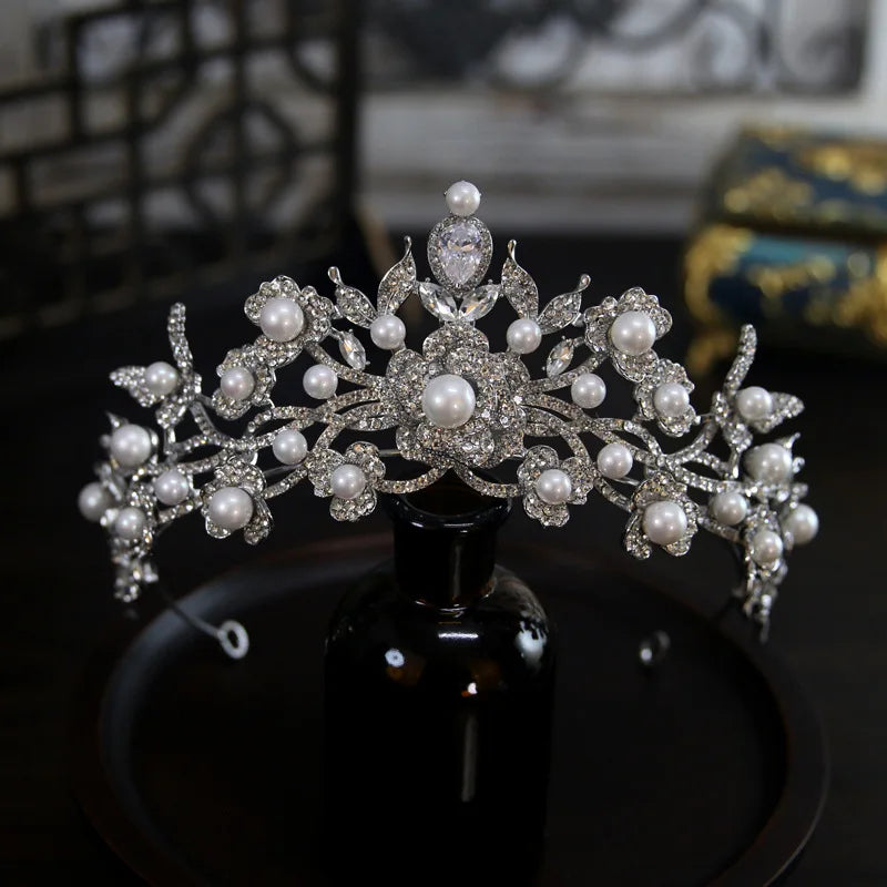 Princess Wedding Crowns For Bride Hair Accessories Flower Pearl Bridal Tiara Crown For Women Party Prom Wedding Hair Headdress as picture 2