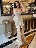 Nude Strapless Crystals Embellished Long Dress Sheath Low V Neck Sleeveless Feather High Side Slit Floor Length Evening Gown