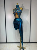 Luxury Rhinestone Sequined Backless Sexy Top Skirt Set Celebrate Evening Party Prom Gowns Nightclub Singer Stage Outfit