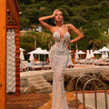 Luxury Pearl Beading Haute Couture Sexy V-Neck Floor Length Dress Woman Birthday Party Dress Wedding Party Goddess Vestido