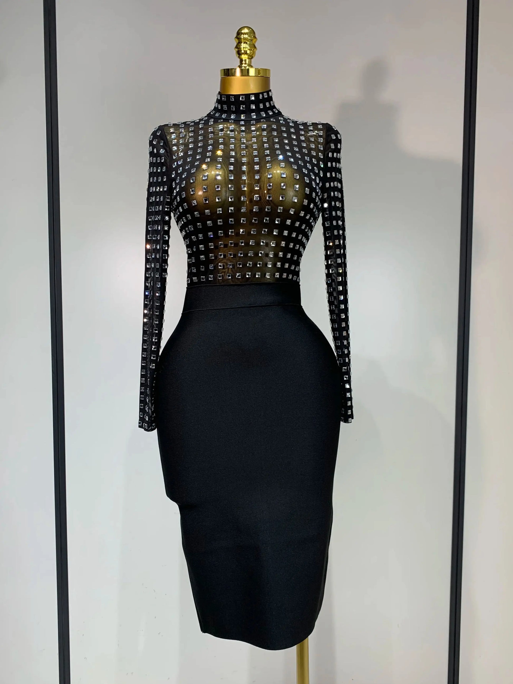 Celebrity Sexy Turtleneck Rhinestones Black Mesh Bodycon Bandage Dress Women Elegant Evening Club Luxury Birthday Dress