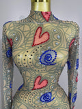 Sparkly Diamond High Neck Sexy Mesh Wrap Hip Long Dress Host Annual Meeting Party Nightclub Bar Performance Costume