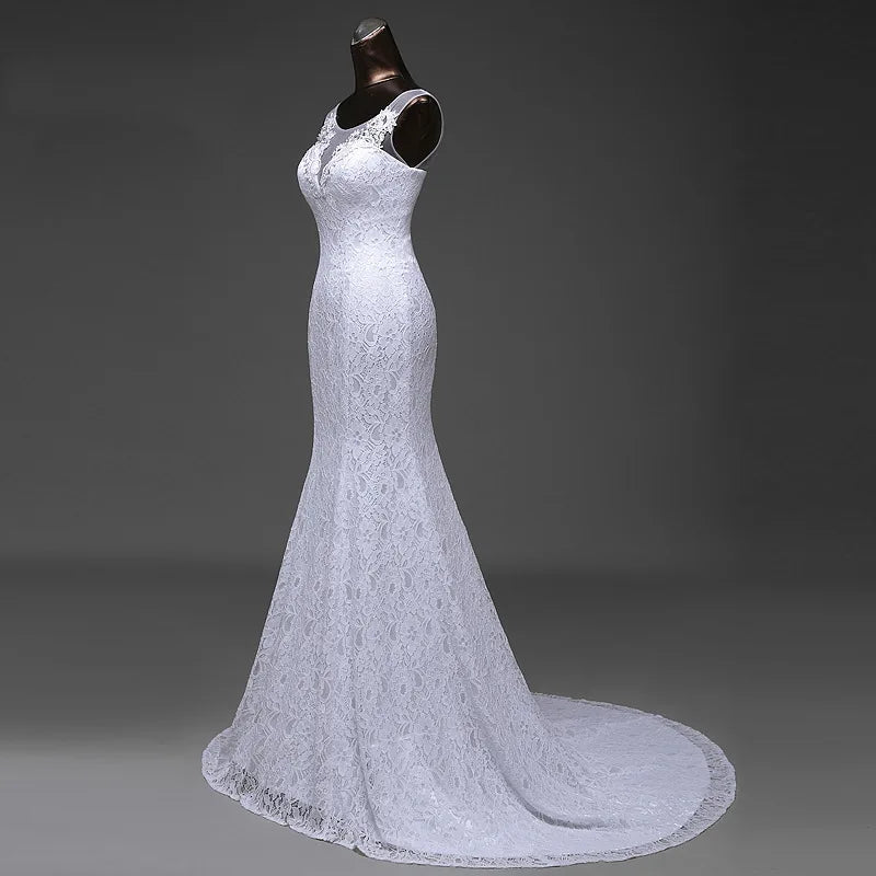 Putih renda putri duyung trailing pengantin pengantin gaun pengantin elegan kristal kemewahan gaun musim panas formal malam formal untuk wanita