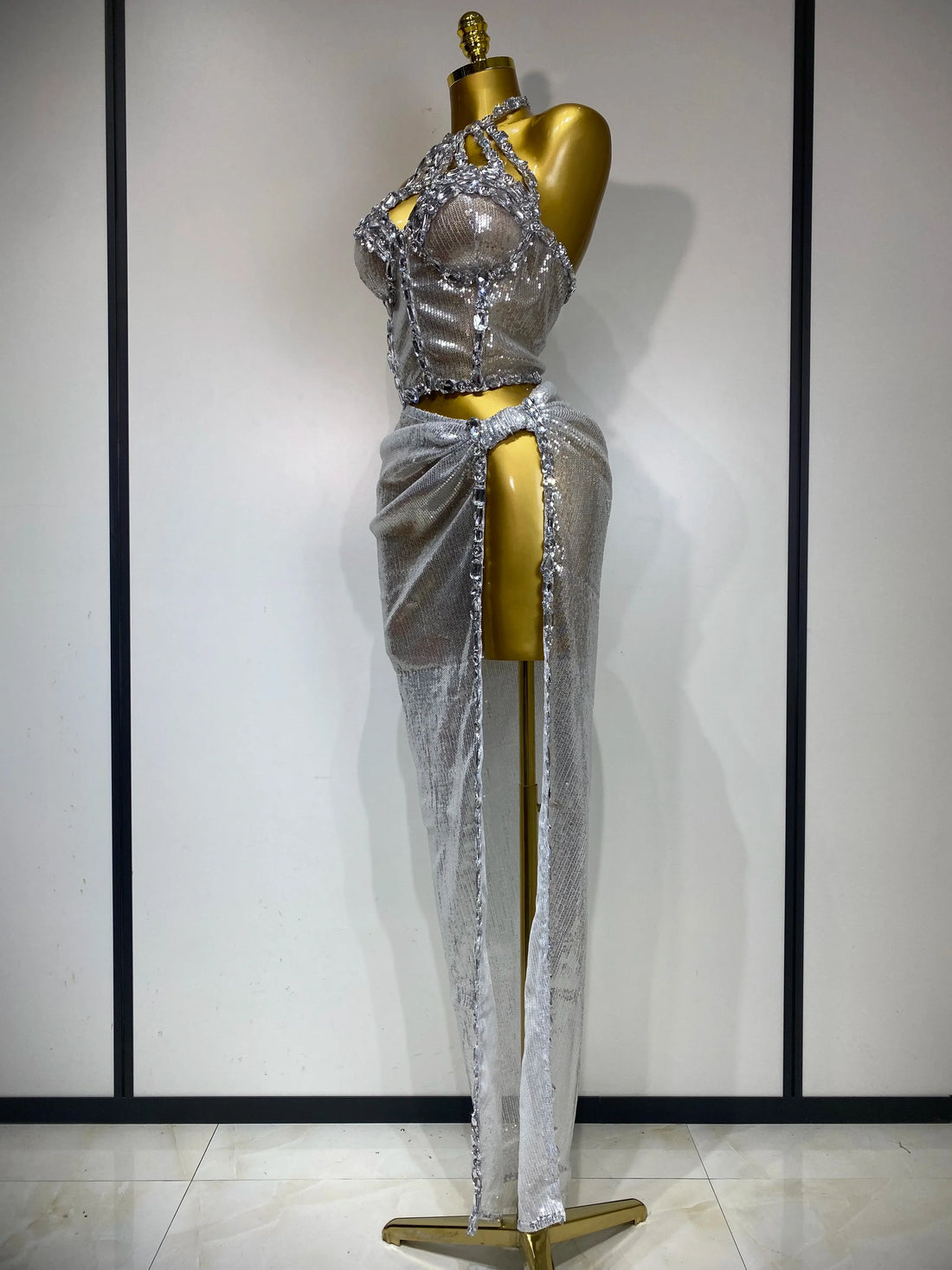 Women Sparkly Silver Rhinestones Top Long Skirt Two Pieces Set Singer Dancer Performance Costume Nightclub Stage Wear Silver