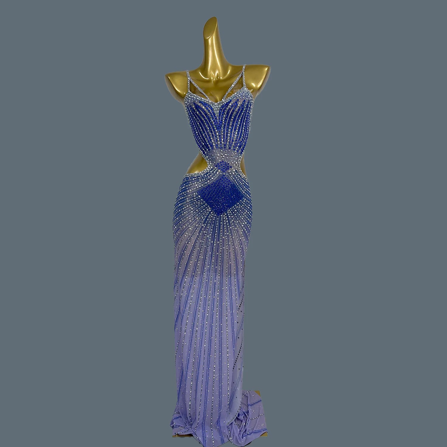 Elegant Crystal Party Evening Gown Cocktail Long Dress Dinner Gown Women Costume Sexy Sparkly Rhinestone Club Party Dress Xigua Blue One Size