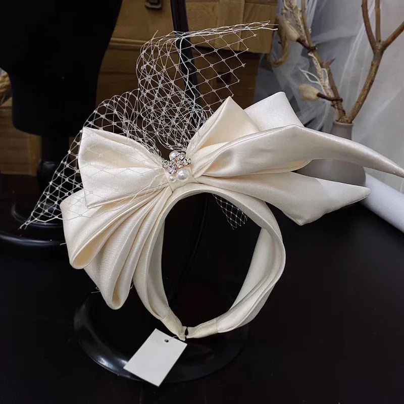 Vintage Bridal Headbands Wedding Party Fascinator Veil Women Satin Bowknot Hairband With Face Veils For Bride Headdress Headwear