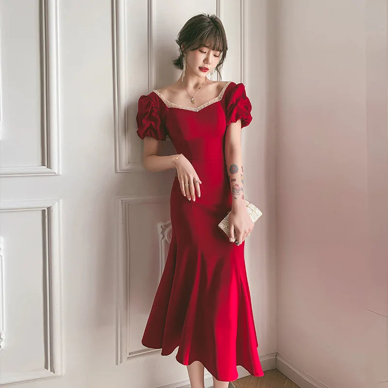 Robes de mariée en Satin rouge pour mariée formelle élégante manches bouffantes soirée invité Midi longue fête robe d'été femmes robes formelles