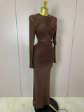 Women Elegant Brown Mesh Fold Long Sleeve Bodycon Dress Evening Party Club Sexy Perspective Fashion Luxury Birthday Dresses