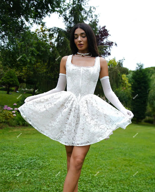 A-Line Mini Prom Dresses Sleeveless Square Collar Lace Gaun Pesta Pernikahan Pendek Untuk Wanita Pengantin Pakaian Gaun Koktail
