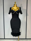 Women Sexy Luxury Rhinestone Short Sleeve Bodycon Dress Party Evening Celebrate Birthday Black Bandage Club Prom Gown