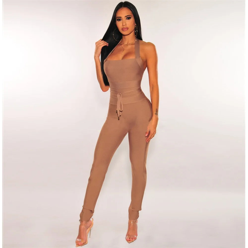 Sleeveless Halter Package Hips Badycon Bandage Jumpsuit Fashion Woman High Street Wear Nightclub Party Outfit Khaki