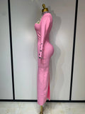 Luxury Birthday Dresses Diamond Long Sleeve Pink Bodycon Bandage Dress Women Wedding Evening Prom Gowns