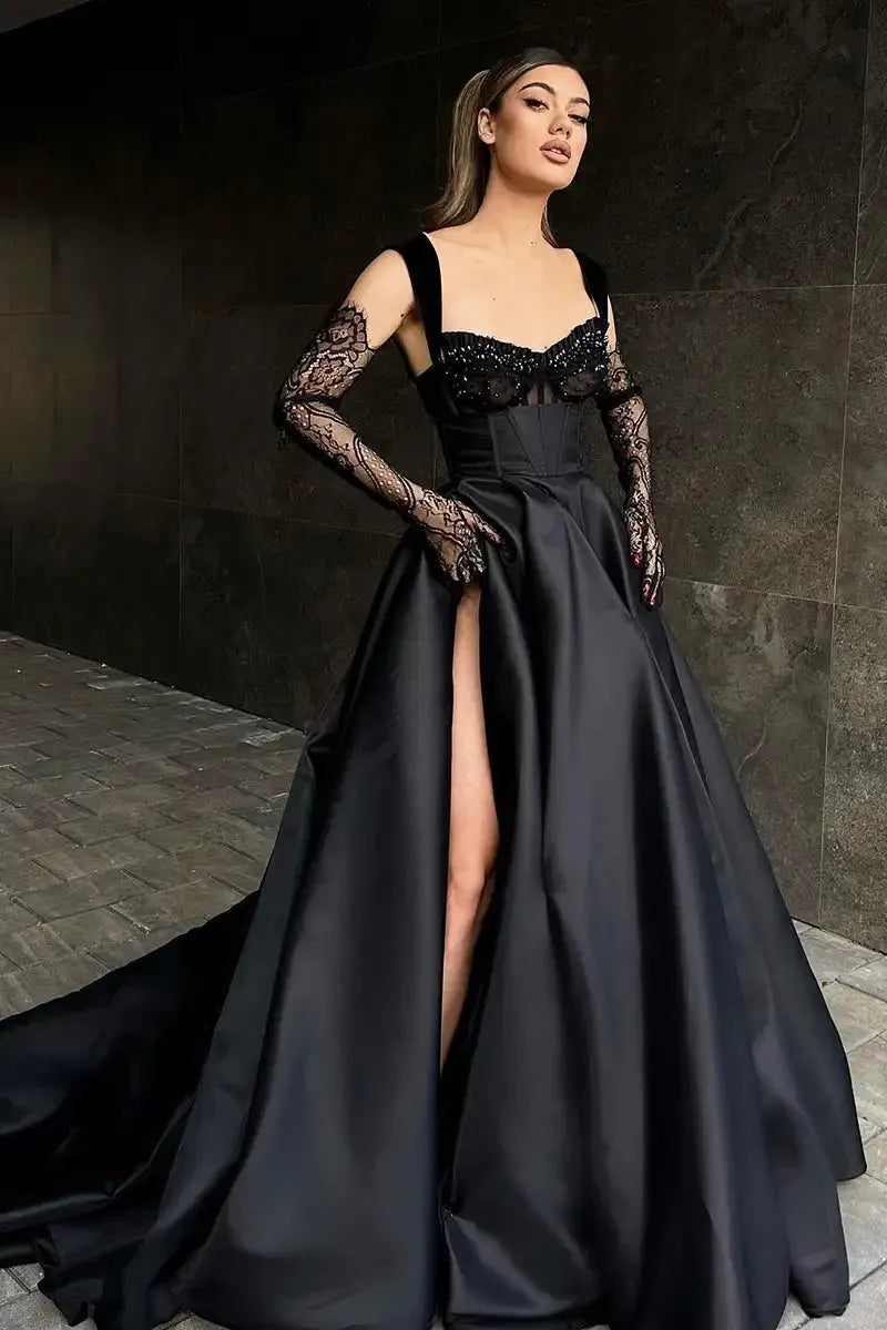 Satin Evening Dresses Black Beaded V Neckline Spaghetti Strap Front Slit A Line Formal Party Prom Gowns Women Custom made