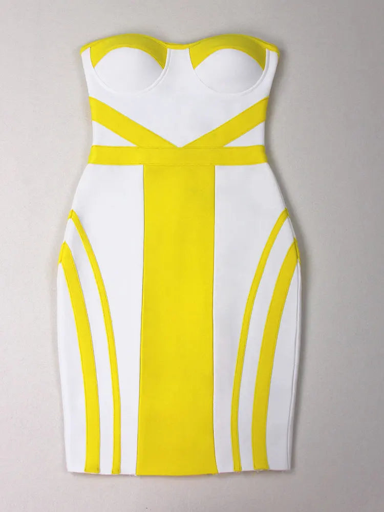 Sexy Women'S Yellow Striped Patchwork White Bandage Dress Strapless Sleeveless Backless Bodycon Mini Dresses Party Vestidos Yellow
