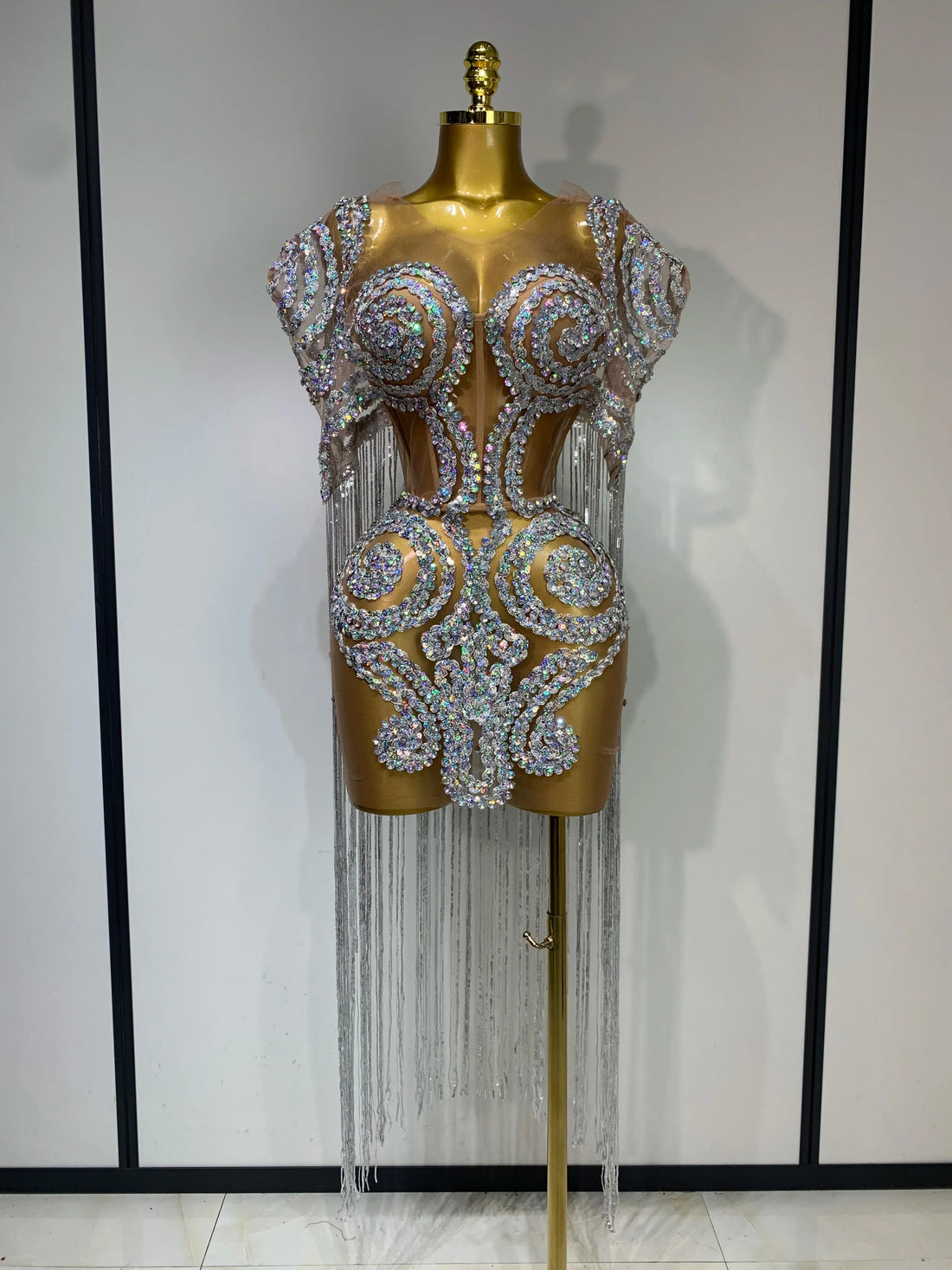 Sparkly Rhinestones Tassel Sexy Mesh Transparent Short Dress Women Evening Party Luxury Birthday Nightclub Singer Stage Costume