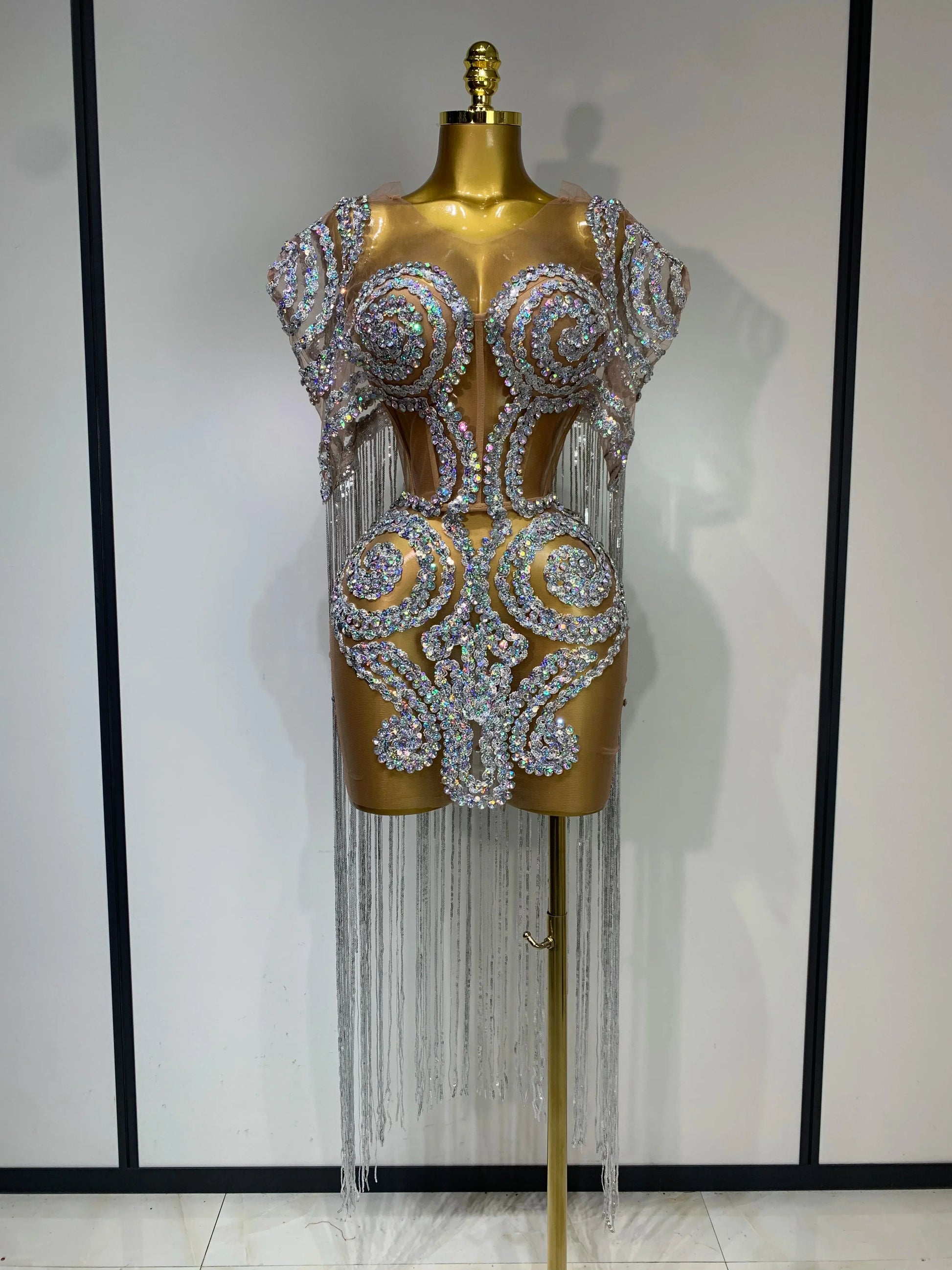 Sparkly Rhinestones Tassel Sexy Mesh Transparent Short Dress Women Evening Party Luxury Birthday Nightclub Singer Stage Costume