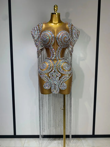 Sparkly Rhinestones Tassel Sexy Mesh Transparent Short Dress Women Evening Party Luxury Birthday Nightclub Singer Stage Costume