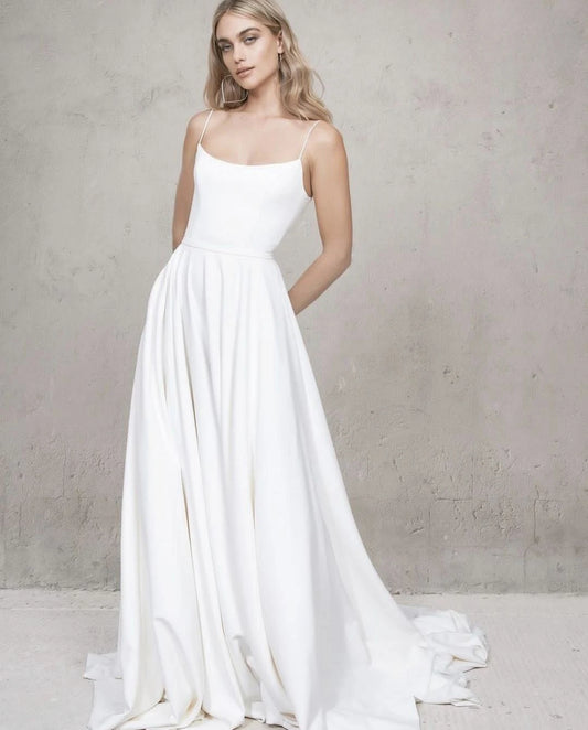 Abito da sposa in spiaggia spagehtti cinghia a-line senza maniche senza schienale con tasca a-line personalizzare per misurare la veste de mariee elegante