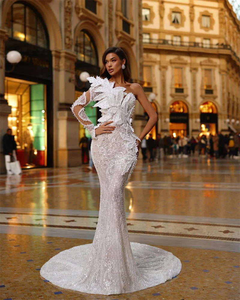 White Sequins Beading One Shoulder White Lace Long Dress Graceful Woman Wedding Party Dress Singer Performance costume