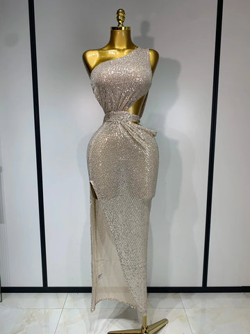 Women Sexy One Shoulder Long Dress High Street Designer Elegant Split Elegant Evening Party Luxury Birthday Dress Vestido Beige