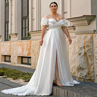 Vestidos de novia de talla grande vestido de novia de mujer grande con hombros descubiertos cuello en V perlas flor satén una línea vestido de novia con corsé 