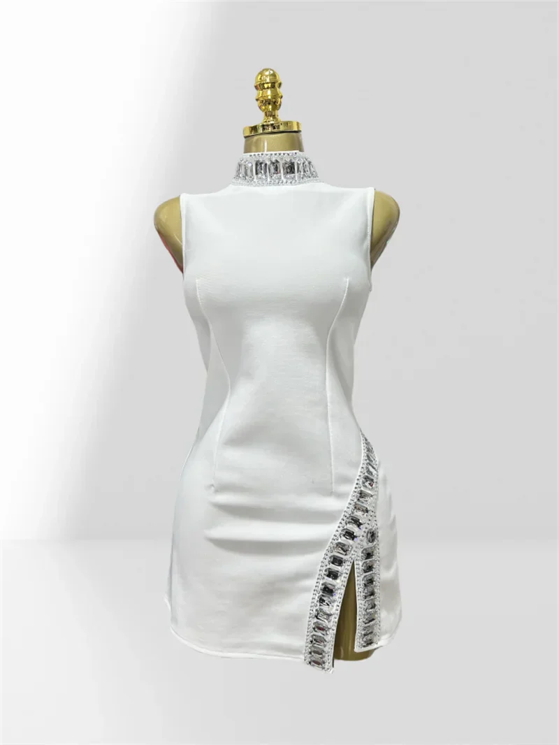 Summer Super shining Diamonds O-neck Sleeveless Bandage Mini Dress Fashion Woman Birthday Party Dress Music Festival Outfit WHITE