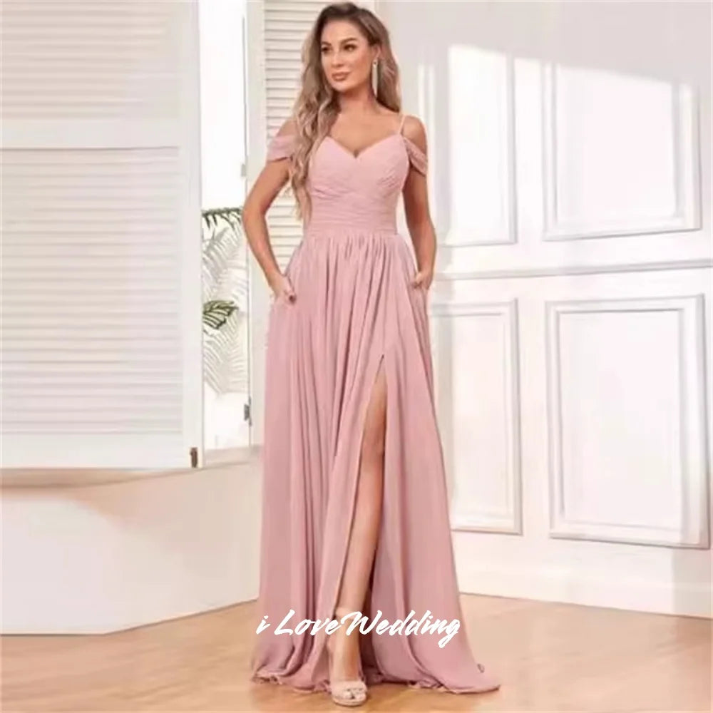 Pink Chiffon Bridesmaid Dresses Off the Shoulder Spaghetti-Strap A-Line Side Split Lace-Up Wedding Party Dresses Customized