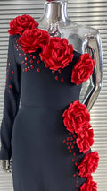 Red Flowers Shining Diamonds Sexy Oblique Shoulder Black Bandage Dress Woman Birthday Party Dress Wedding Party Outfit
