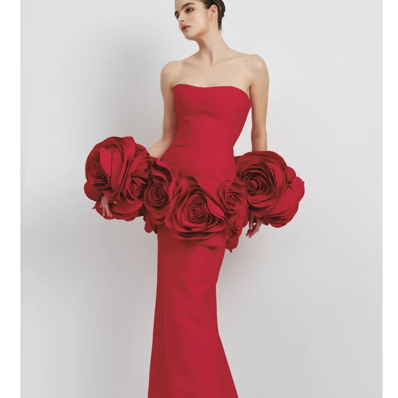 Stereoscopic Flowers Strapless Bandage Ankle Length Evening Dress Fashion Woman Birthday Party Dress Celebrity Party Outfit