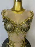 Sparkly Gold Rhinestone Transparent Sleeveless Mini Dress Evening Birthday Celebrate Party Nightclub Performance Costume