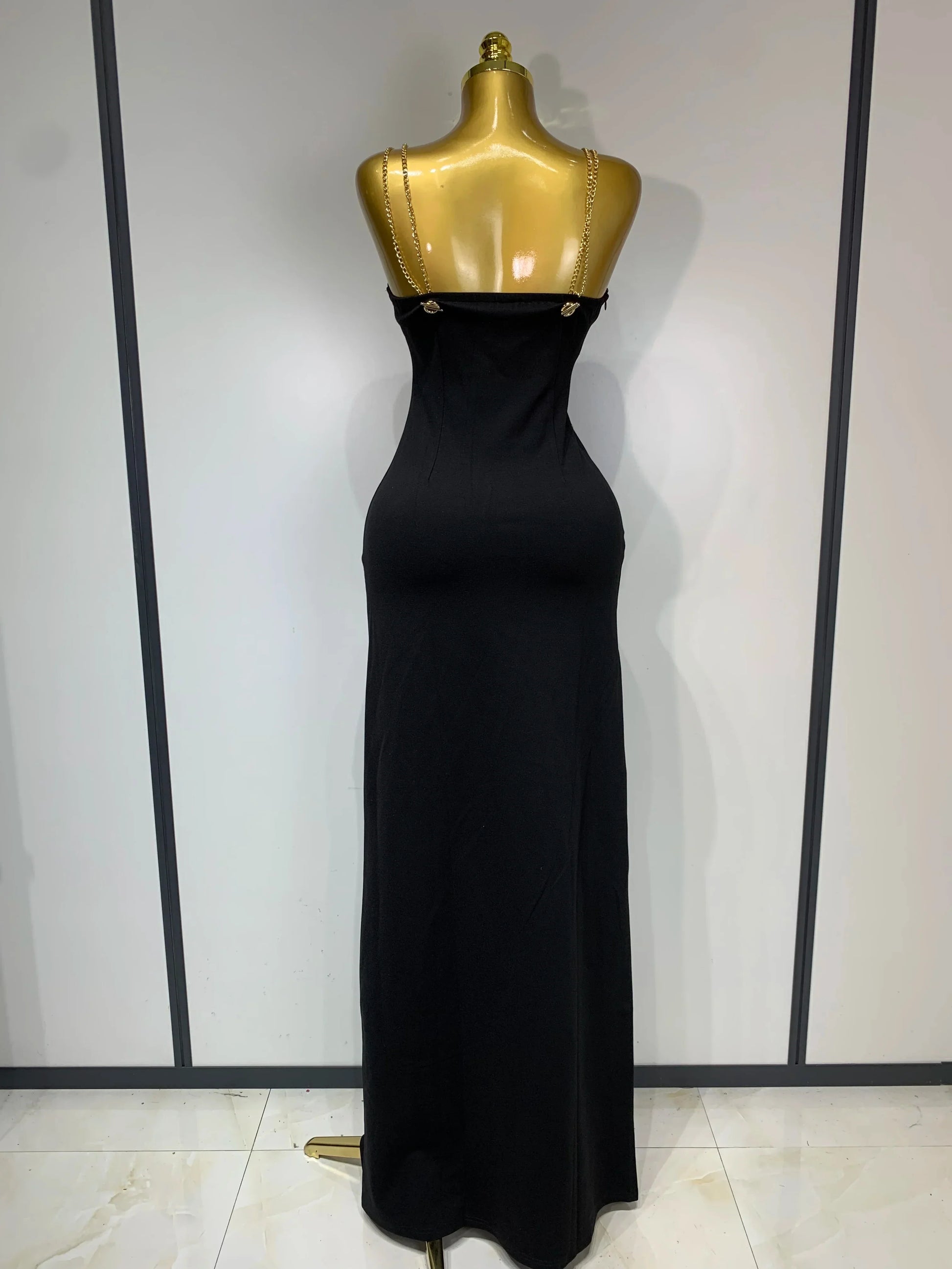 Women Sexy Sleeveless Square Colalr Chain Bodycon Maxi Long Dress Elegant Evening Party Fashion Celebrate Birthday Dress