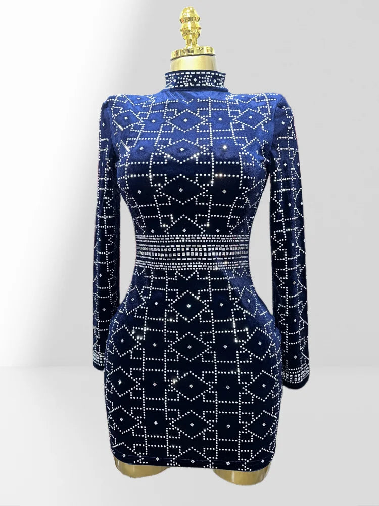 Dark Blue Velvet Luxury Diamonds O-neck Tuck Waist Mini Dress Fashion Woman Party Dress Celebration Birthday Vestido Blue